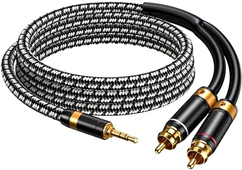Wekuant Audiophile Câble audio 3,5 mm vers 2 RCA 5 m, noyau en cuivre plaqué argent, 3,5 mm mâle vers double RCA mâle adaptateur audio tressé pour smartphones, tablettes, haut-parleurs HDTV