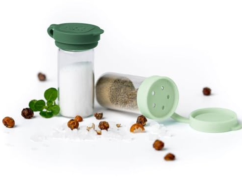 Mini Salzstreuer aus Glas, 2er Set - LEKKABOX Salty 5ml | Extra kleine Salzstreuer To Go - mit Deckel für Brotdose unterwegs, Camping, Bento-Box (Forest)