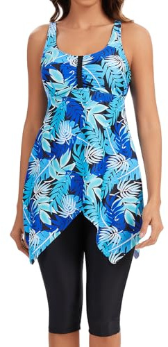 ECUPPER Women Plus Size Tankini Swimsuits Two Piece Swim Dress Modest Skirted Bathing Suit Flowy Swim Top with Capris Shorts Blue Leaf 3XL