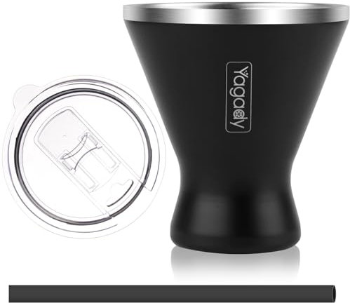 Yagady Stainless Steel Martini Tumbler with Lid & Cuttable Silicone Straw - 10oz Vacuum Sealed Insulated Martini Glass - Elegant Design Margarita Glass for Perfectly Chilled Drinks (Black)