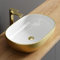 Planetmöbel Aquil Deluxe Waschbecken Oval | Aufsatzwaschbecken für Badezimmer und Gäste-WC | Handwaschbecken ohne Hahnloch und Überlauf | Gold Weiß, 60 x 40 x 15 cm
