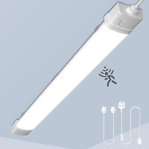 Ankishi Linkable LED Batten Light with Plug and Sensor- 40W 4ft 115cm 6500K Daylight Dusk to Dawn Fluorescent Light IP66 Waterproof Plug in Wall Light for Garage Shed Workshop Wall Basement Corridor