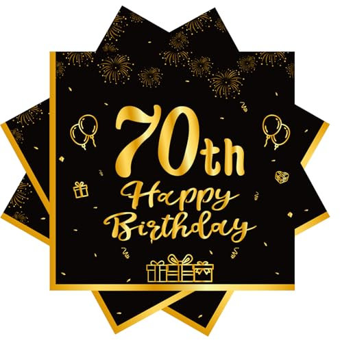 40 Stück Schwarz Servietten Geburtstag,70 geburtstag Schwarz Gold Papier Party Servietten 33 x 33cm Papierservietten für Mann Frau Mädchen Geburtstag Party Deko