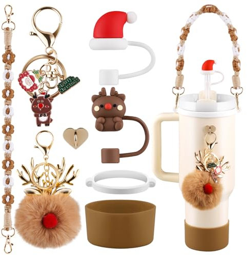 Christmas Water Bottle Accessories Set for Stanley Cup,Handle Strap, Siliocne Boot, Christmas Straw Cover, Xmas Charms, Straw Topper for Stanley Cup 40oz & 30oz Tumbler 8 Pcs (Brown)