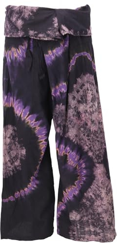 GURU SHOP Batik Thai Fischerhose aus Baumwolle, Wickelhose, Yogahose - Schwarz/violett, Herren/Damen