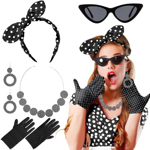 MQIAN Rockabilly Accessoires Damen, Rockabilly Kostüm Damen, 50er Jahre Accessoires Damen, 60er Jahre Outfit Damen, Rockabilly Haarschmuck, Rockabilly Kleider Damen für Karneval Retro Party (Schwarz)