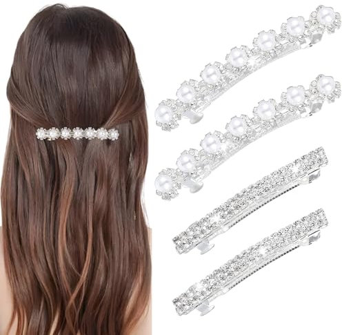 LLOUSSAK 4 Stück Haarspangen Silber Strasssteine, Glitzer Silber Haarklammer, Französisch Perle Haarschmuck, Strass Haarspangen für Frauen, Mädchen, Prom, Party, lange Haare, kurze Haare