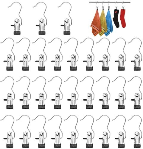 30 Pcs Laundry Hooks, VEGCOO Portable Laundry Hooks No-slip Stainless Steel Clothes Pegs Home Travel Clip Hangers, Multi-function Metal Hangers Clips for Pants, Hats, Towels, Shoes, Socks, Trousers