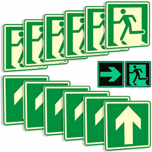 12 Piezas de cartel salida de emergencia con flecha, Cartel salida de emergencia homologado, (Exit Sign), Cm 15 x 15 paquete de 8 señales de salida, Salida de emergencia luminoso