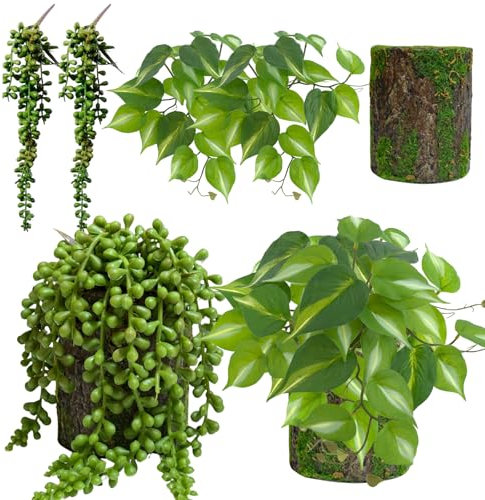 ASTRYAS Confezione da 2 piante artificiali in vaso, edera finta, filo di perle grasse in vaso, per scrivania, tavolo, mensola, davanzale, interni ed esterni, casa, ufficio, decorazione verde