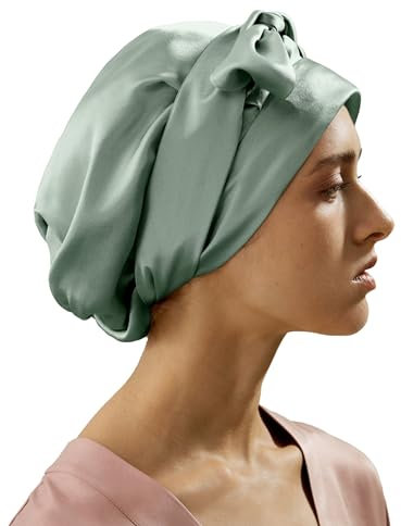 LilySilk 100% Reine Maulbeerseide Schlafmütze für Damen Natürliche Seidenmütze zum Schlafen und Haarpflege Nachthaarwickel mit langem elastischem Band zum Halten, Avocadogrün