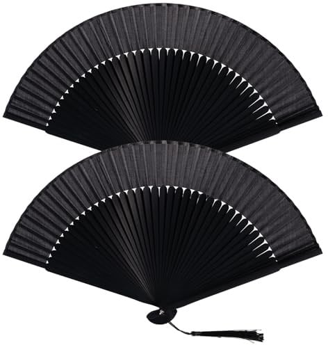 Leikedun 2 Stück Handfächer Faltbare Fächer Schwarz Chinesische Fächer Bambus Holz Stofffächer Taschenfächer Faltfächer für Sommer Hochzeite Bevorzugung Aufführung Tanz Dekoration