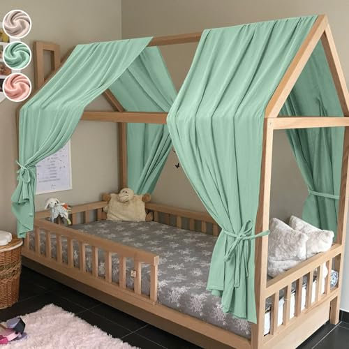 HOTUT 2xDosel, 130 x 320cm Juego de Decoración para Cama de Casa, Dosel para Cama de Niños con Volantes, Mosquitero Decoración, Dosel Cama Compatible Cama Montessori para Niños y Niñas-Verde