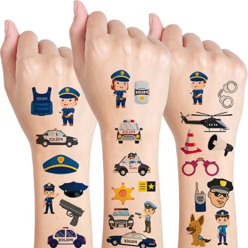 Qpout 10 Blatt Polizeiauto temporäre Tattoos, thematische Geburtstagsfeier Dekorationen Gefälligkeiten Zubehör für Jungen und Mädchen