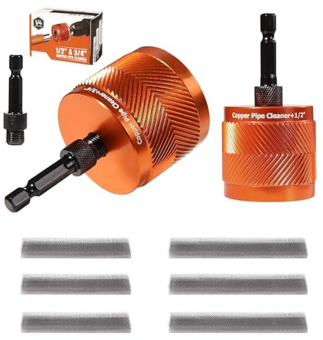 Copper Pipe Cleaner Set, 1/2” & 3/4” Metal Drill Tube Cleaning Brush with 1/4” Hexagonal Shank Additional 6PCS Replacement Brush Head(15mm & 22mm)