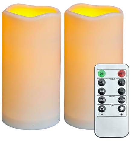 Jialine 2 Pack Waterproof Outdoor Candles with Remote Timer, D3.15 x H6 flameless LED Battery Operated Flickering Candles for Party Christmas Valentine's Day