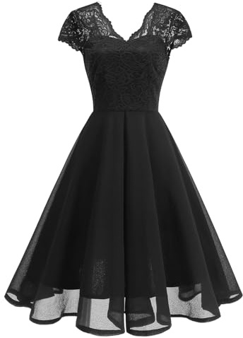 OMEWEE Women's 1950s Vintage Cocktail Dress Lace Contrast Chiffon Swing A-Linie Tea Party Midi Dress Cap Sleeve Elegant Semi Formal Wedding Guest Dresses for Women