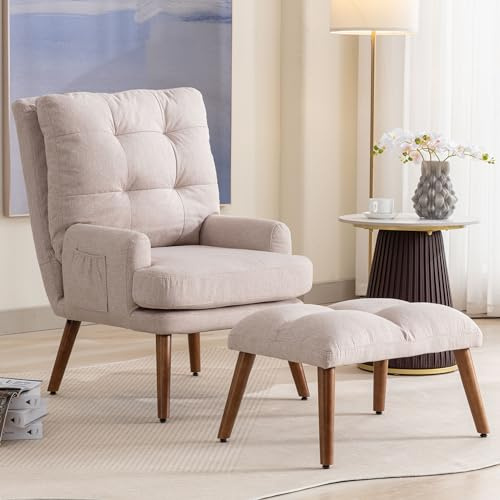 LARFOEK Ohrensessel mit Hocker, Sessel mit Verstellbare Rückenlehne, Holzbeine, Moderner Relaxsessel Loungesessel Fernsehsessel, für Wohnzimmer, Schlafzimmer, Beige