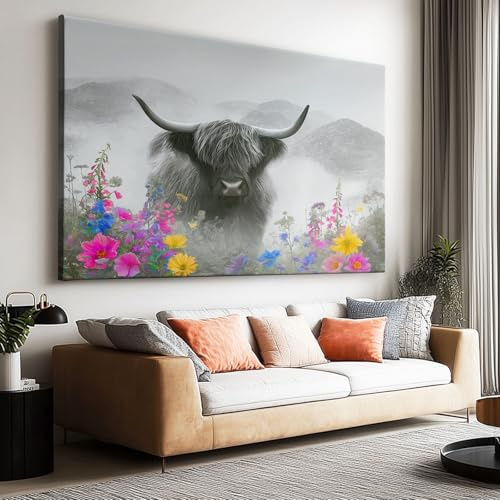 Leinwand Bilder 120 x 60 cm (L x B) für Schlafzimmer Wohnzimmer Deko, Nebelige Berge Hochlandrinder Kunstdruck Wandbild, Abstrakte Kunst Moderne Wand Dekoration Poster ohne Rahmen