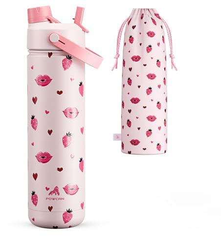 POWCAN Insulated Water Bottle with 2-in-1 Straw and Spout Lid, Keep Cold 24H, Leak-Proof, Fits in Car Cup Holder, Stainless Steel Water Bottle for Sports, School, 769 ml, Kiss Me Berry