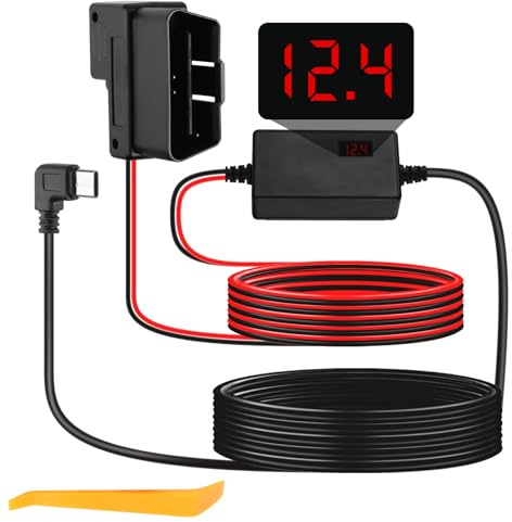 Dash Cam Hardwire Kit USB C to OBD 10.9ft 3.2m Type-C 12V-24V to 5V/3A 90 Degree USB-C Male Plug Dash Camera Low Voltage Reduction Protection Hard Wiring Kit Dashcam 24 Hours Parking Surveillance Mode