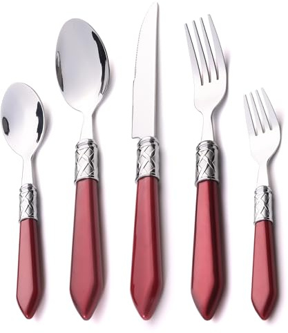 Ourplpme Cutlery Set for 6, Rose Red Plastic Handle Cutlery Set, Retro Stainless Steel Flatware Tableware Set Included Forks, Knives, Spoons, Dishwasher Safe, Suitable for Home/Party/Restaurant