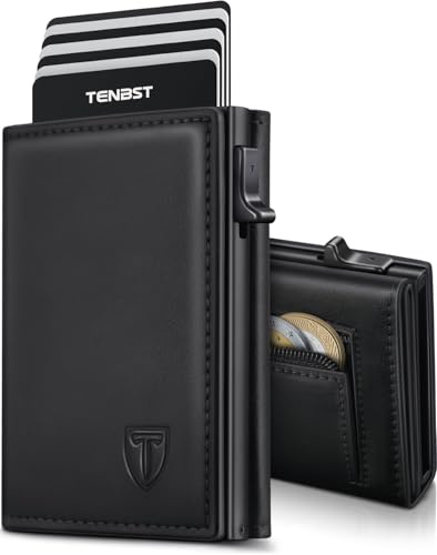 TENBST Geldbörse Herren - Portmonee Herren mit RFID Schutz & Münzfach Optik | 8 Fächer für Kreditkarten, Kartenetui, Slim Wallet Geldbeutel, Geschenke zum Vatertag - Schwarz