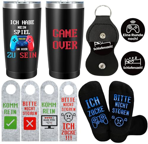 Festivora Gamer Geschenk Zocker Geschenk – Lustige Gaming Socken, Edelstahl Becher, Türhänger – Gamer Weihnachts Geburtstag Geschenke für Männer Teenager Jungen, Videospiel Geschenke für Männer