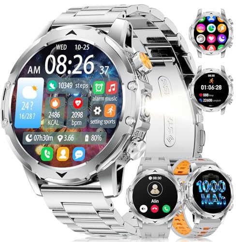 2026 Militär Smartwatch Herren-1,53'' IPS HD Display/LED-Lampe/1000 mAh Akku,IP68 Wasserdicht Sportuhr Herren mit 120+ Sportmodi/24/7-Herzfrequenz/SpO2/Schlafmonitor,Stress, für Android iOS, Silber