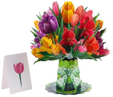 Pop Up Paper Flowers Greeting Card, 3D Tulip Bouquet, Birthday Gifts for Mum Grandma Girlfriend Daughter Girl Sister
