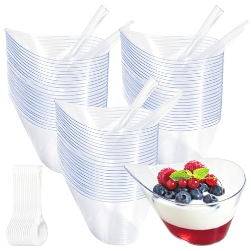 Solivive 75 Stück Kunststoff Dessert Becher, Dessertgläser mit 75 Stück Plastiklöffel, 210ml Wiederverwendbare Runde Dessertbecher Transparenter Parfait Vorspeisen Becher für Desserts Mousse Pudding
