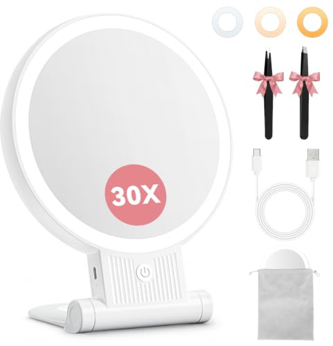 Auxmir Kosmetikspiegel mit Beleuchtung, 30X Doppelseitiger Schminkspiegel | 3 Lichtfarben, Dimmbar, 2000mAh USB Aufladbar, Tragbarer Handspiegel mit Zugbeutel für Makeup Hautpflege Zuhause Reisen, Weiß