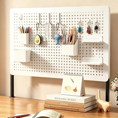 60x40cm Clamp On Desk Pegboard, Metal Desk Organizer with Shelves Hooks | No Drill Workspace Peg Board Organiser with Storage Buckets & Tray, for Office Privacy Panel Gaming Desk Stationery