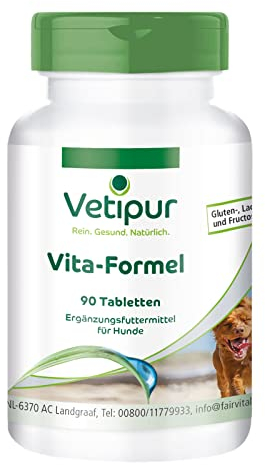 Vetipur Vita-Formel - 90 Tabletten - Rundumversorgung mit Ginseng, Teufelskralle, Ingwer, Mariendistel, Löwenzahn, Brennnessel, Weissdorn und Gingko Biloba - Futterergänzung für Hunde
