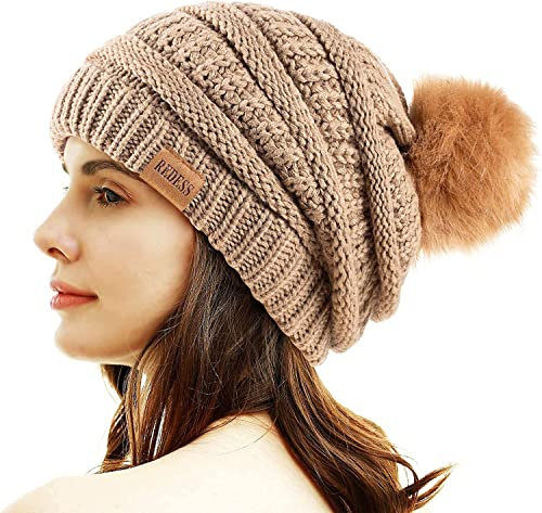REDESS Damen Winter Pom Pom Beanie Mütze mit warmem Fleece gefüttert, Dicker Slouchy Snow Knit Chunky Baggy Skull Ski Cap