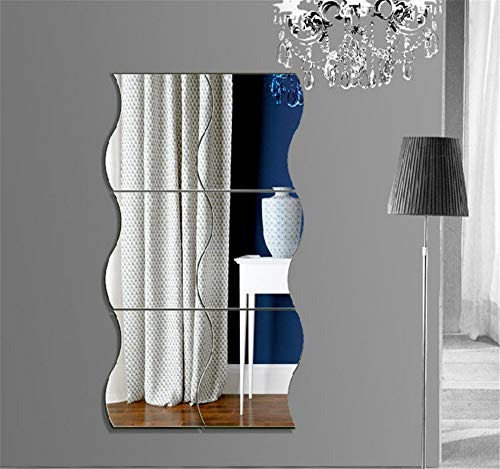 6PCS Wavy Mirror Wall Stickers, 3D Art DIY Home Decorative Acrylic Sheet Plastic Tiles for Living Room Bedroom Sofa TV Setting Decoration Decor Decal