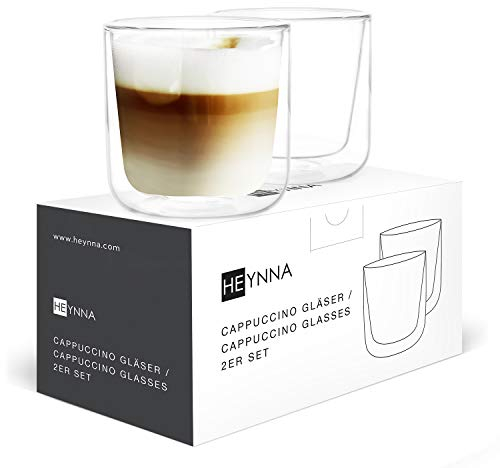 HEYNNA® Tazze Cappuccino in Vetro - 2 Tazze da Colazione e Caffè a Doppia Parete da 250 ml - Tazze Grandi in Vetro Borosilicato – Set Tazze da Cappuccino Lavabili in Lavastoviglie