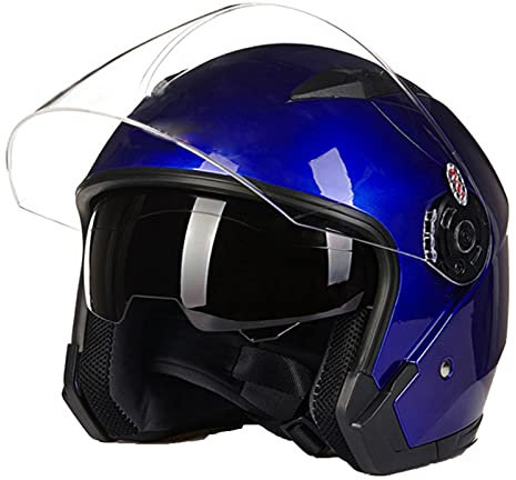 Casque Moto Jet Vintage Casques Moto Bols Demi-Casque Rétro Ouvert Moto Adulte Casque 3/4 Open Face Moto Double Visière Pour Hommes Femmes ECE/DOT Homologué,Bleu,M