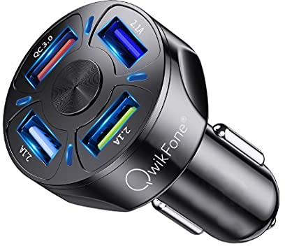QwikFone USB Car Charger Adapter - 4 Ports with Fast Charge, Blue LED Light To Easily Find Charging Ports, Car USB Charger For Mobile And Other Devices - Cigarette Lighter USB Charger for Car