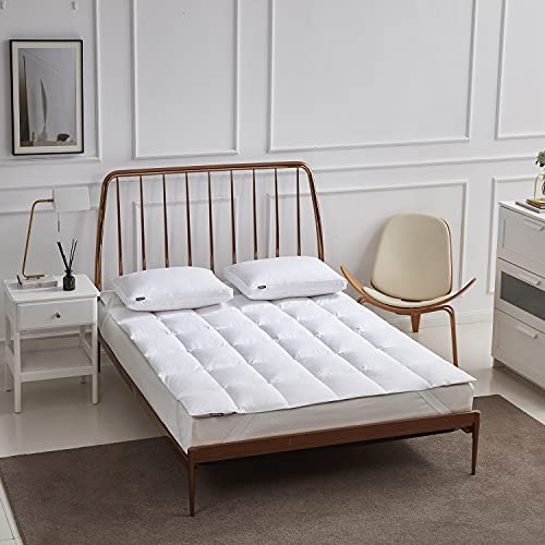 Beautyrest Weiße Federdaunen-Matratzenauflage für King-Size-Bett, Fadenzahl 233, Tencel/Baumwoll-Mischgewebe, Federbettbezug mit elastischen Ankerbändern, Matratzenauflage