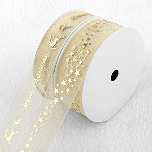 Kesote 2 Rollen Geschenkband Weihnachten Schleifenband Stern Dekoband zum Basteln Gold Organzaband Deko Transparent Weihnachtsband Geschenk Band Geschenkverpackung Merry Christmas