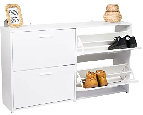 COSTWAY Schuhschrank mit 4 Klappen, Schuhkipper freistehend, Schuhkommode für 16-24 Paar Schuhe & Hausschuhe, Schuhablage für Flur & Eingangsbereich & Wohnzimmer & Garderobe, Schuhregal (Weiß)