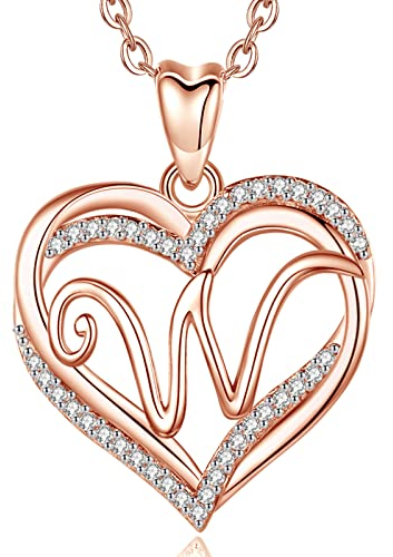 INFUSEU Buchstaben Halskette Alphabet W, Rosegold Letter Anhänger Doubleherz Schmuck Cubic Zirconia CZ Geburtstagsgeschenk für freundin, 20 Zoll Kette