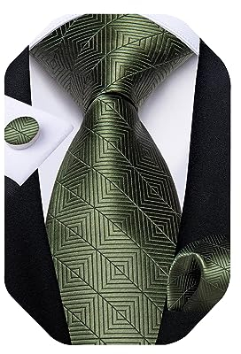 DiBanGu Herren-Krawatten-Set, Seide, einfarbig, Paisleymuster, Krawatte und Einstecktuch, Manschettenknöpfe, klassisch, formelle Krawatten für Herren, Hochzeit, Party, Olivgrün, Einheitsgröße