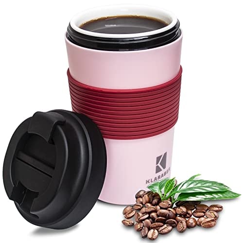 Klaraber Ceramic Travel Mug with Lid, Portable Ceramic Cup with Sleeve, Leakproof Ceramic Lined Coffee Cup Travel Mug, Reusable Coffee Cup, 350ml / 12oz(Pink)