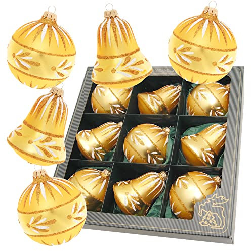 Krebs Glas Lauscha - Weihnachtsdekoration/Christbaumschmuck aus Glas - Weihnachtsanhänger - Motiv: Blätterdekor Gold - 9 Stück - Größe: ca. 8 cm