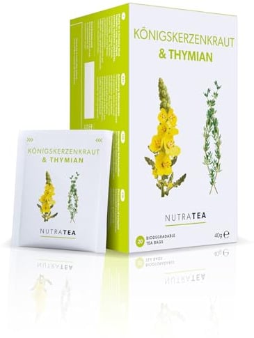 Nutra Tea Königskerze & Thymian, Husten und Bronchialtee zur Unterstützung bei Halsschmerzen, Thymian Tee wirkt wärmend & unterstützt die Atemwege, 60 wiederverwendbare Teebeutel