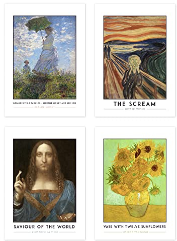 Wee Blue Coo Classic Paintings Monet Woman Parasol Munch Scream Da Vinci Jesus Saviour World Salvator Mundi Van Gogh Twelve Sunflowers A4 Poster Pack of 4 Wall Art
