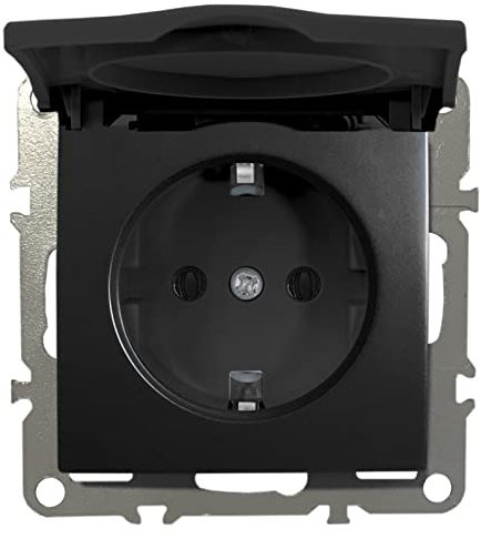 Schuko Steckdose Unterputz Schutzkontakt-Steckdose 1-Fach 16A 220-250V mit Deckel Schwarz Matt