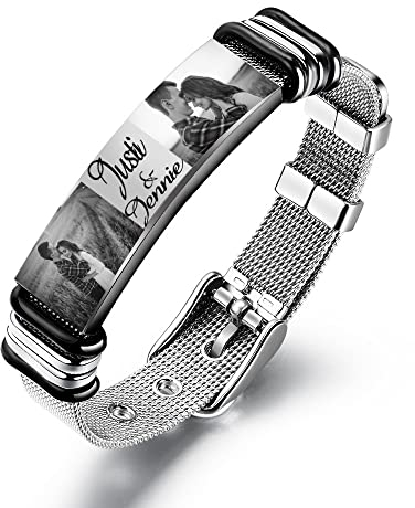 kaululu Personalisierte Armbänder mit Namen Gravur Foto Schmuck Herren Damen Paare Armband Edelstahl mit Partnerarmband für Männer & Frauen Geschenk (Silber)